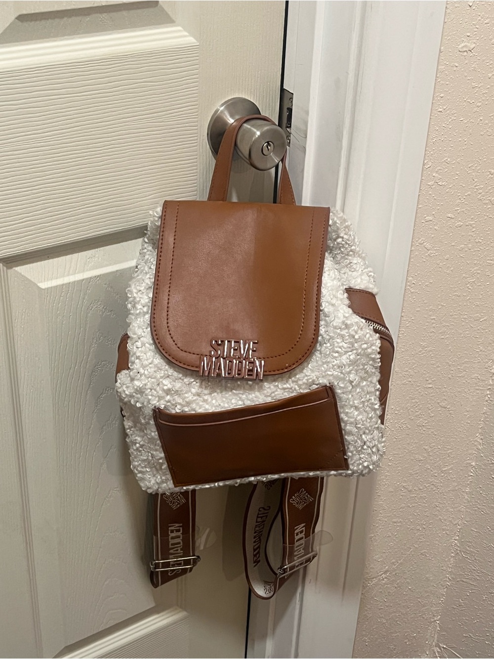 Steve Madden Tan & Cream Sherpa Flap Backpack